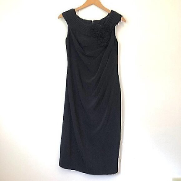 ADRIANNA PAPELL Solid Black 3D Floral Flower Appliqué Knee Length Sheath Dress 6 - Picture 1 of 11
